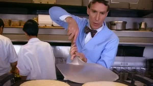 Bill Nye demonstrating conduction, convection and radiation using a kitchen griddle, steam cooker and open flame