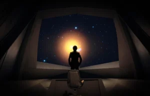 Carl Sagan on the bridge of the Ship of the Imagination looking out at a star field, from Cosmos: A Personal Voyage