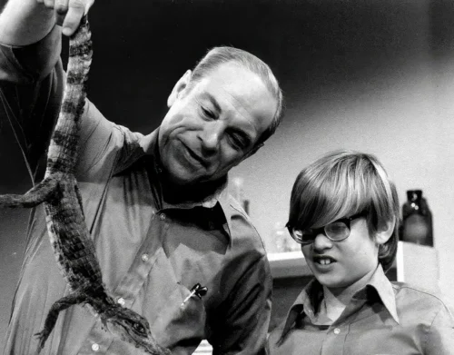 Don Herbert, Mr Wizard, holding up a live alligator while a boy in glasses leans in to look at it closely