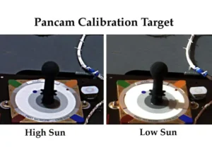 Two photographs of the MarsDial on a Mars rover deck, labelled High Sun and Low Sun, the central post casting a different shadow in each, with coloured reference squares at the corners