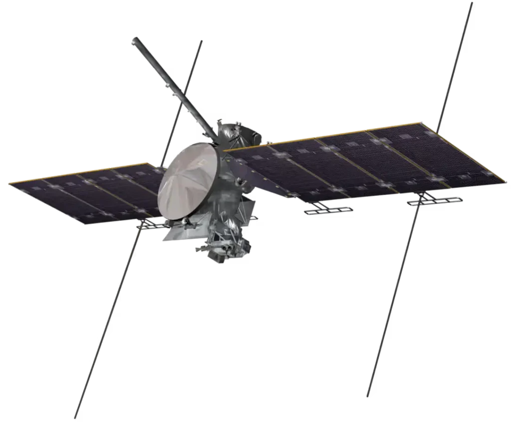 Isolated model of NASA's Europa Clipper spacecraft, featuring its large solar arrays, high-gain antenna, and main body against a black background.