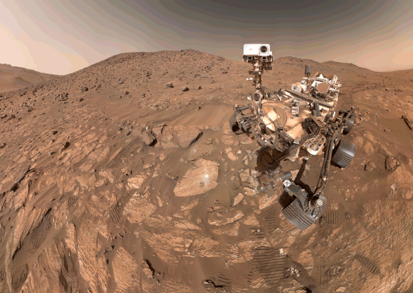 Animated GIF selfie of NASA's Perseverance rover on Mars, showing the rocky terrain where it sampled a potential biosignature rock.