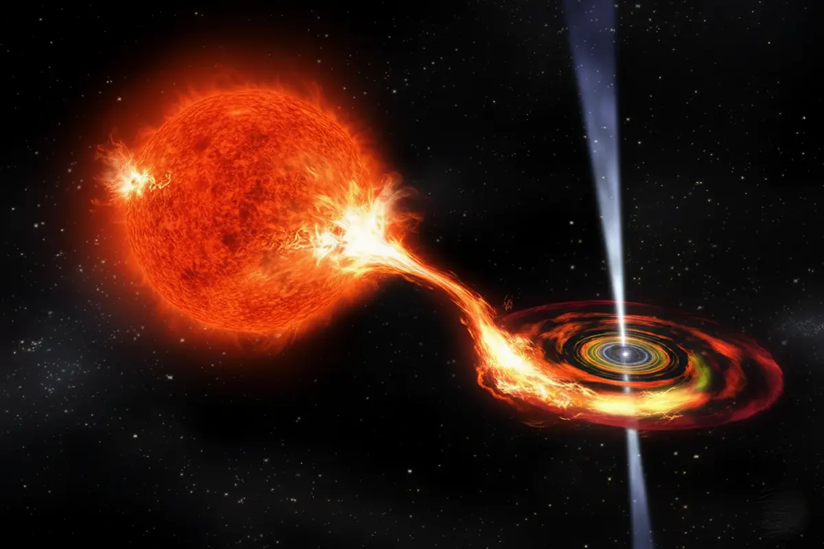 An artist's impression showing a red supergiant star losing a stream of superheated plasma to a smaller, hyper-dense neutron star. The plasma forms a vibrant, turbulent accretion disk around the neutron star, from which powerful blue-white jets erupt from both poles, extending into deep space.