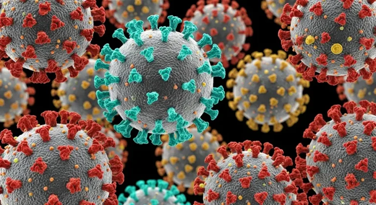 A conceptual illustration of a spherical retrovirus covered in distinctive spike proteins, against a dark background with multiple similar virus particles.