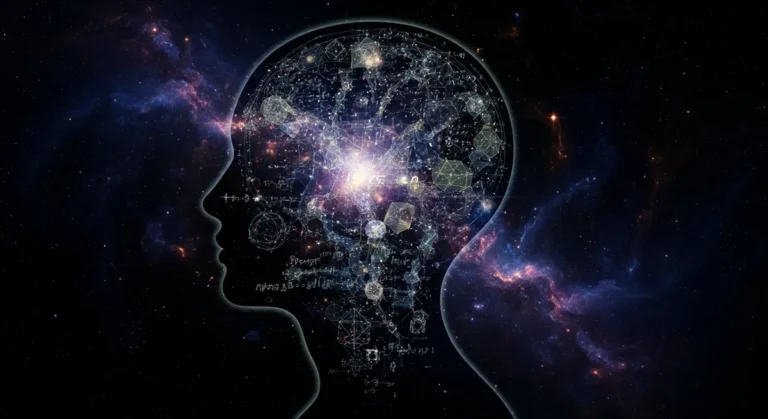 A silhouette of a human head with a glowing network of geometric shapes and mathematical equations inside, symbolizing visual mathematical thought.