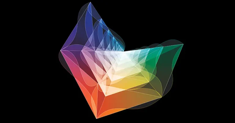 A vibrant, multi-colored geometric shape, the amplituhedron, representing a simplified view of particle interactions.