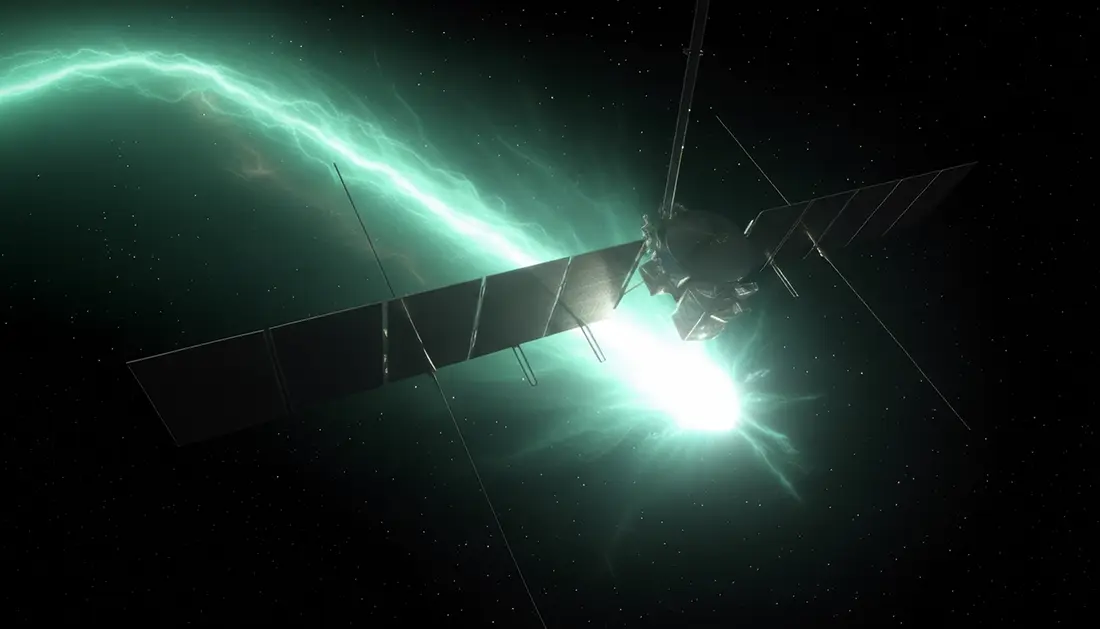 Artist's impression of NASA's Europa Clipper spacecraft approaching the vibrant emerald green and blue ion tail of interstellar comet 3I/ATLAS against a starry background.