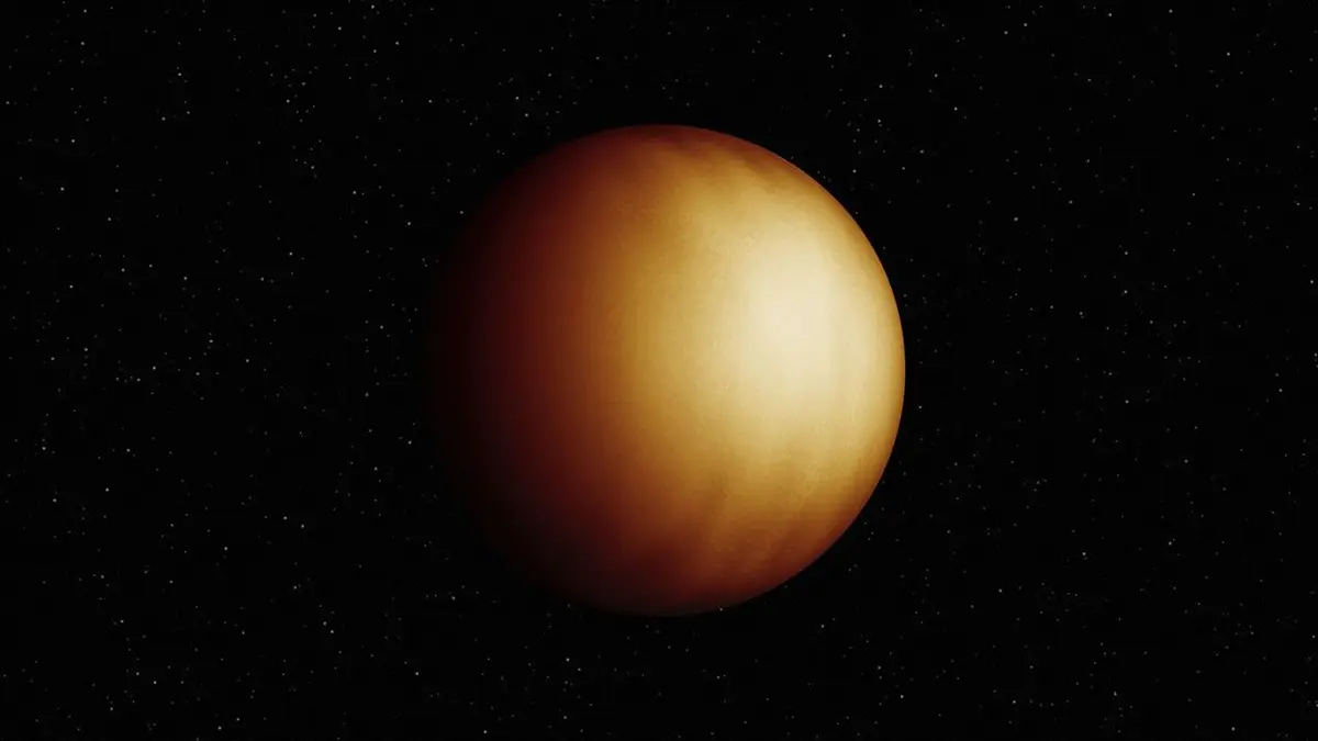 Artist's concept of the exoplanet WASP-18b showing its 3D atmosphere, with a glowing bright hotspot facing its star, as mapped by the James Webb Space Telescope.