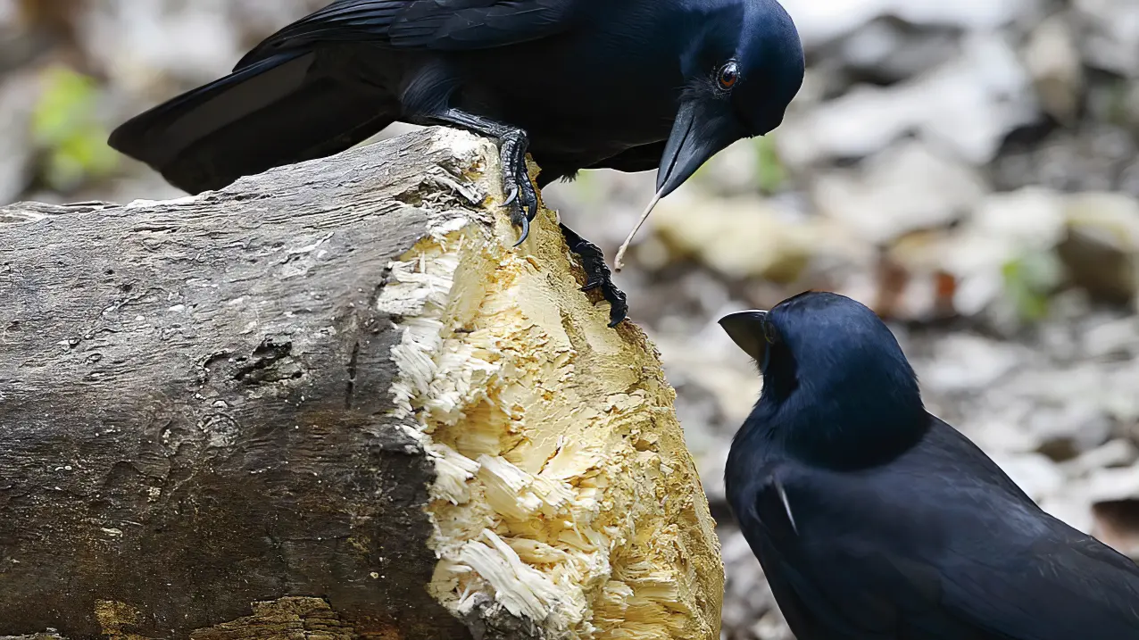 A young crow perched on a log intently watching another crow holding a stick tool in its beak.