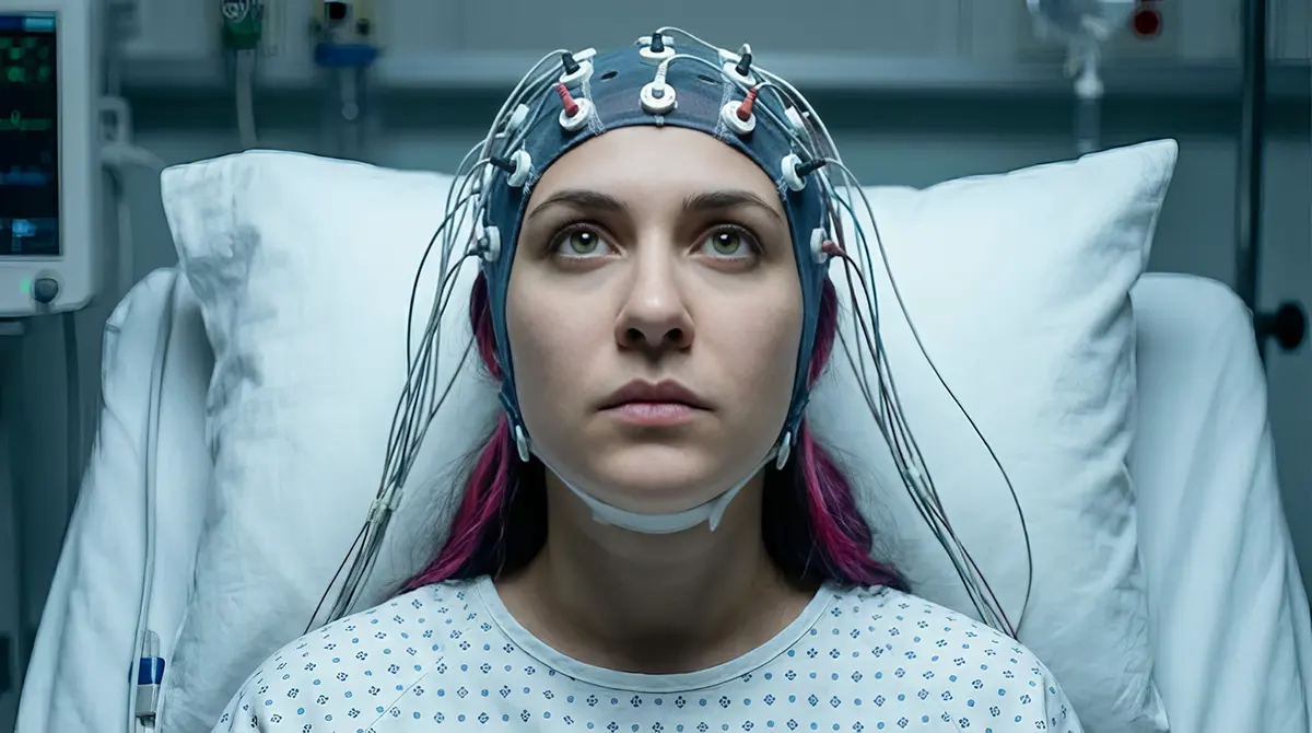 A young epilepsy patient lying in a hospital bed, looking upwards while wearing a full EEG cap with multiple electrodes wired for brain wave monitoring.