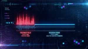 A conceptual digital illustration of a medical interface showing a "pulsed" therapy timeline. A jagged red graph represents the short treatment window, followed by a flat blue line representing the long recovery period.