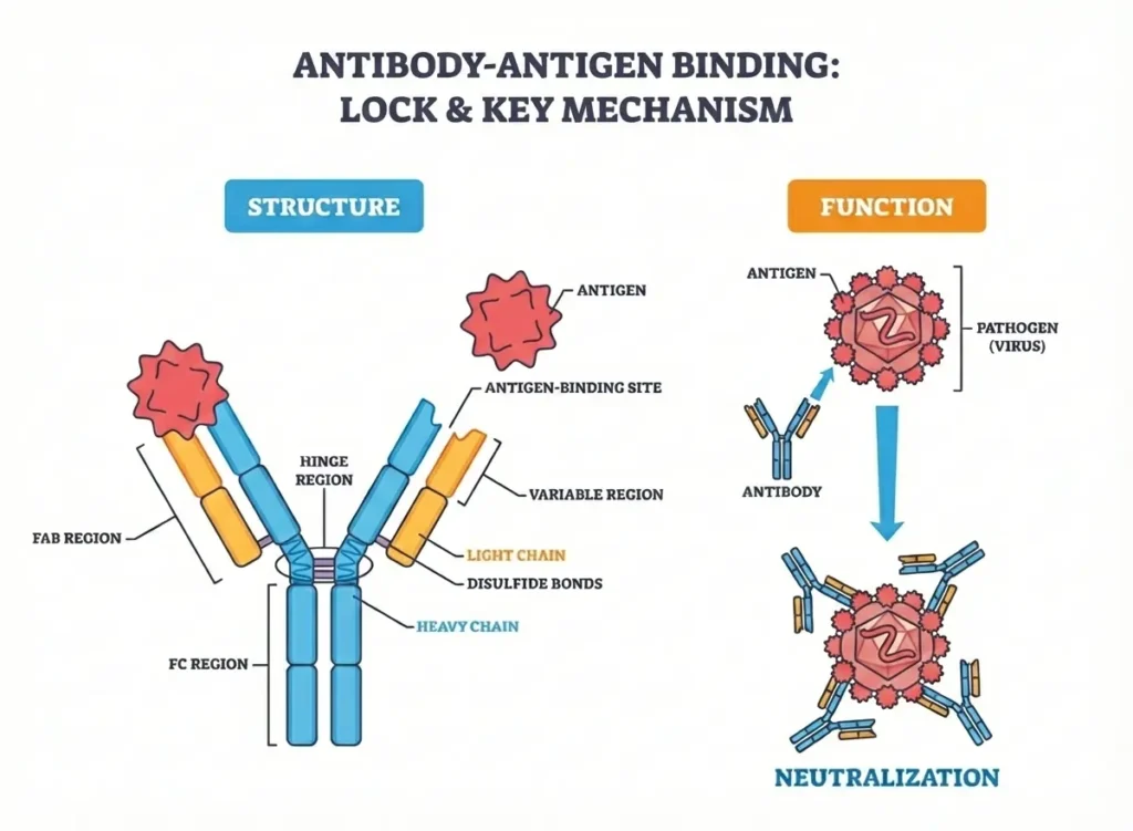 A split-panel biological diagram titled Antibody-Antigen Binding: Lock & Key Mechanism. The left panel details the antibody structure binding to an antigen. The right panel illustrates the function, showing antibodies neutralizing a pathogen virus.