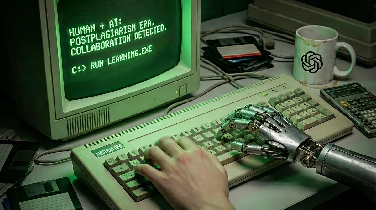 A photorealistic photo of a vintage Amstrad computer with a green monochrome screen displaying the text "HUMAN + AI: POSTPLAGIARISM ERA. COLLABORATION DETECTED. C:> RUN LEARNING.EXE". A student's hand and a detailed metallic robotic hand are typing together on the keyboard. A dirty white mug with the OpenAI logo, floppy disks, and a scientific calculator sit on the desk, all lit by the green screen glow.
