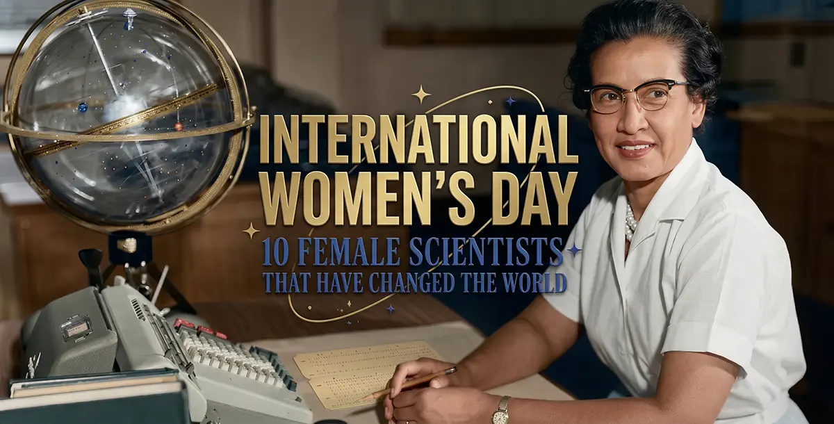 Featured image for International Women's Day 2026. The image features NASA mathematician Katherine Johnson at her desk, with "International Women's Day: 10 Female Scientists That Have Changed The World" displayed in gold and blue cinematic typography.