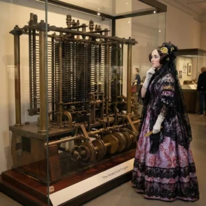 A 3D digital render of Ada Lovelace in a purple lace gown, looking at a replica of Charles Babbage's mechanical Analytical Engine