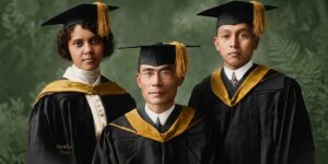A restored and colorized 1915 graduation portrait of Alice Ball, Yakichi Kutsunai, and Tomoso Imai. They were the first three Master's degree recipients from the College of Hawaii. Alice Ball earned her Master of Science in Chemistry.