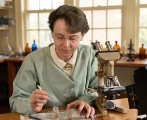 A detailed digital composite image, based on the 1947 photograph of geneticist Barbara McClintock. McClintock is seated at a microscope. The wooden workbench and complex lab environment have been digitally augmented with an array of colorized glassware, bottles, and research materials, creating a rich context for her cytogenetics work that was not present in the original photo. Based on the original Smithsonian source.