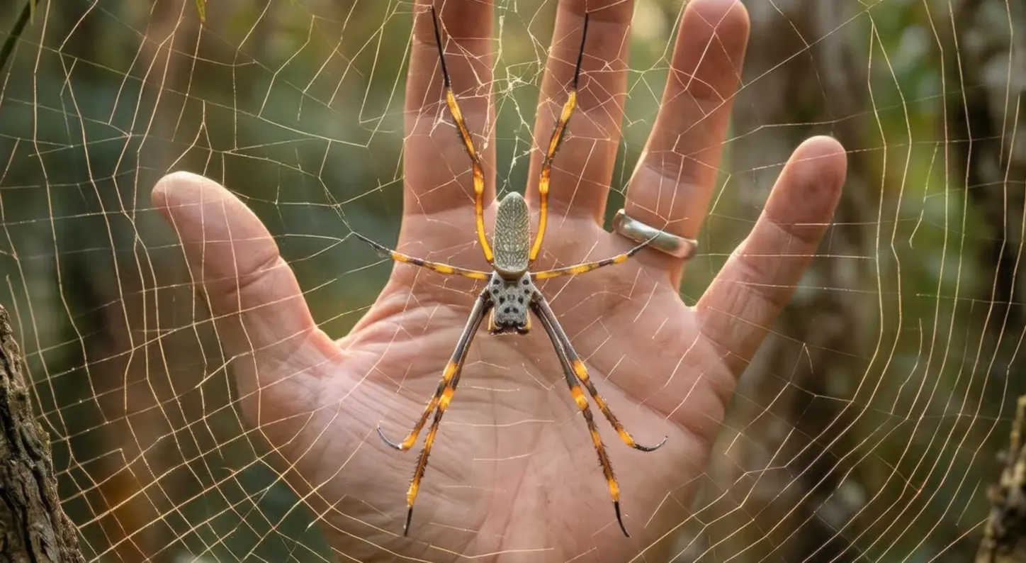 A detailed close-up of a golden orb-weaver spider resting on its web, highlighting its striking yellow and black legs. This is the species of spider that produces the incredibly strong medical silk surgeons are using to repair broken human nerves.