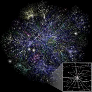 A glowing, complex "hairball" visualization of the internet's connections, showing dense hubs and long-range shortcuts across a massive system.