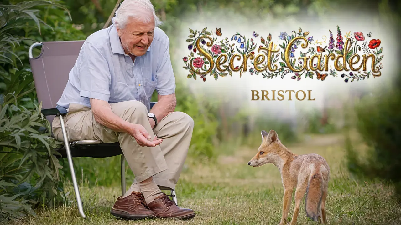 Sir David Attenborough sitting on a wooden garden chair next to a red fox in the promotional artwork for the secret garden Bristol episode.