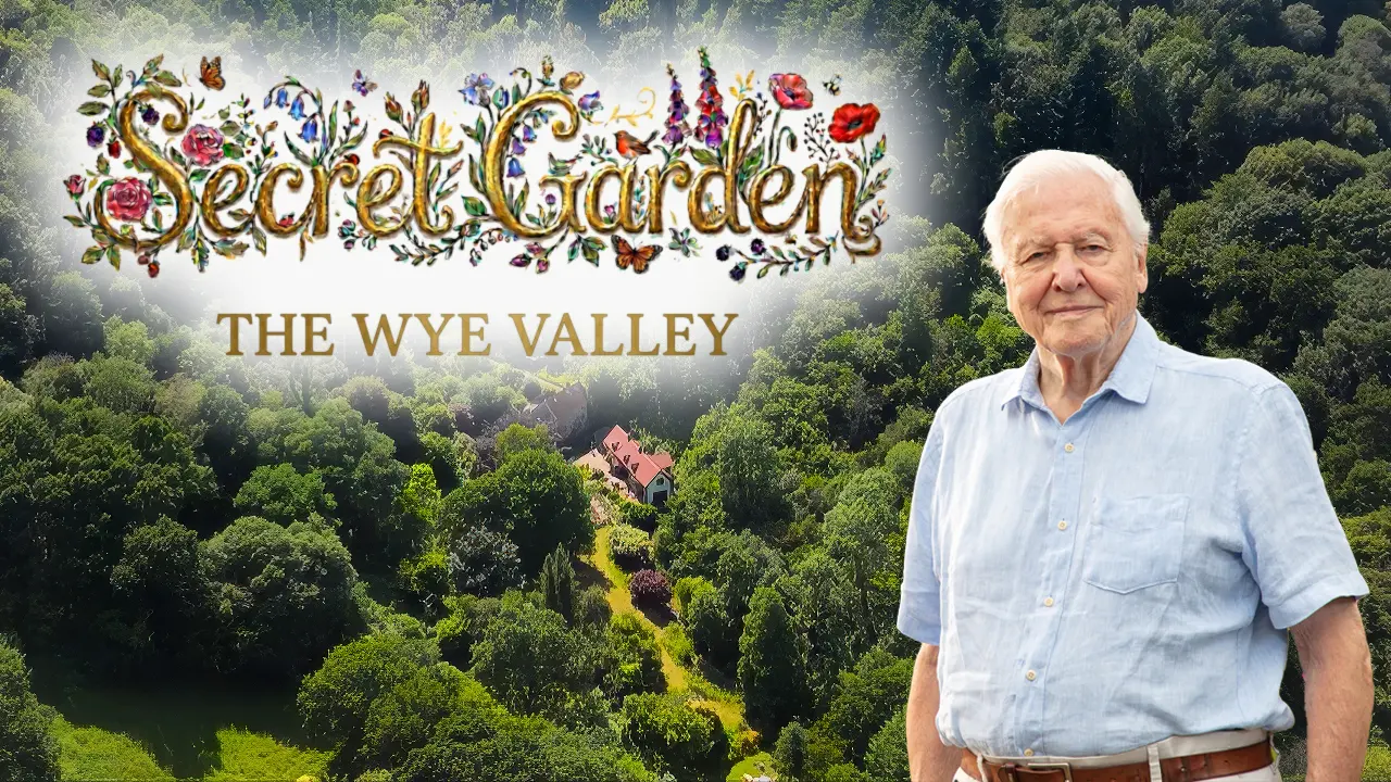 Sir David Attenborough presenting the David Attenborough secret garden Wye Valley episode.