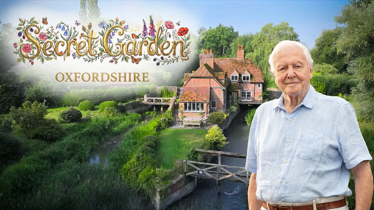 Promotional image featuring Sir David Attenborough alongside the historic millhouse from the secret garden Oxfordshire documentary.