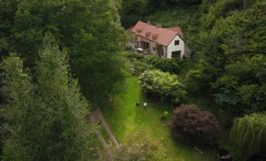 An aerial drone shot showing a traditional stone cottage surrounded by trees in the David Attenborough secret garden Wye Valley episode.