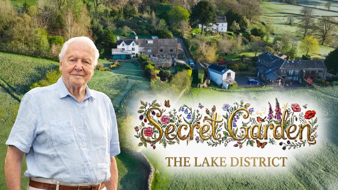 Sir David Attenborough in the promotional artwork for the David Attenborough secret garden Lake District documentary.