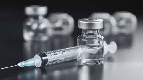 A clear medical vial and a syringe lying on a dark surface, representing metabolic medications.