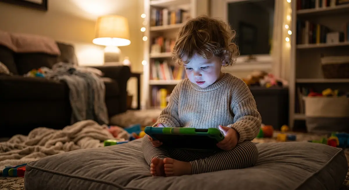 oddler using a tablet in a dim living room