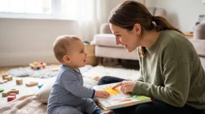 Mother in a green jumper smiling at her baby, who sits on a rug reading a picture book with an illustration of a sun, in a light living room with scattered toys