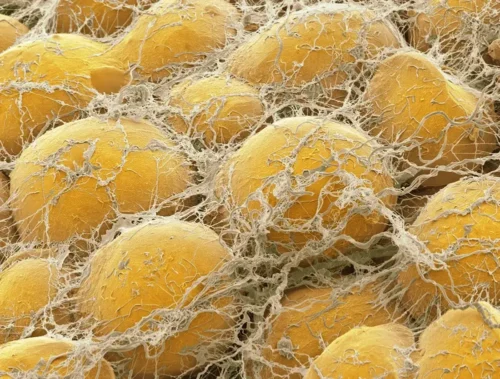 Coloured scanning electron micrograph showing round yellow fat cells surrounded by a web of supportive connective tissue.